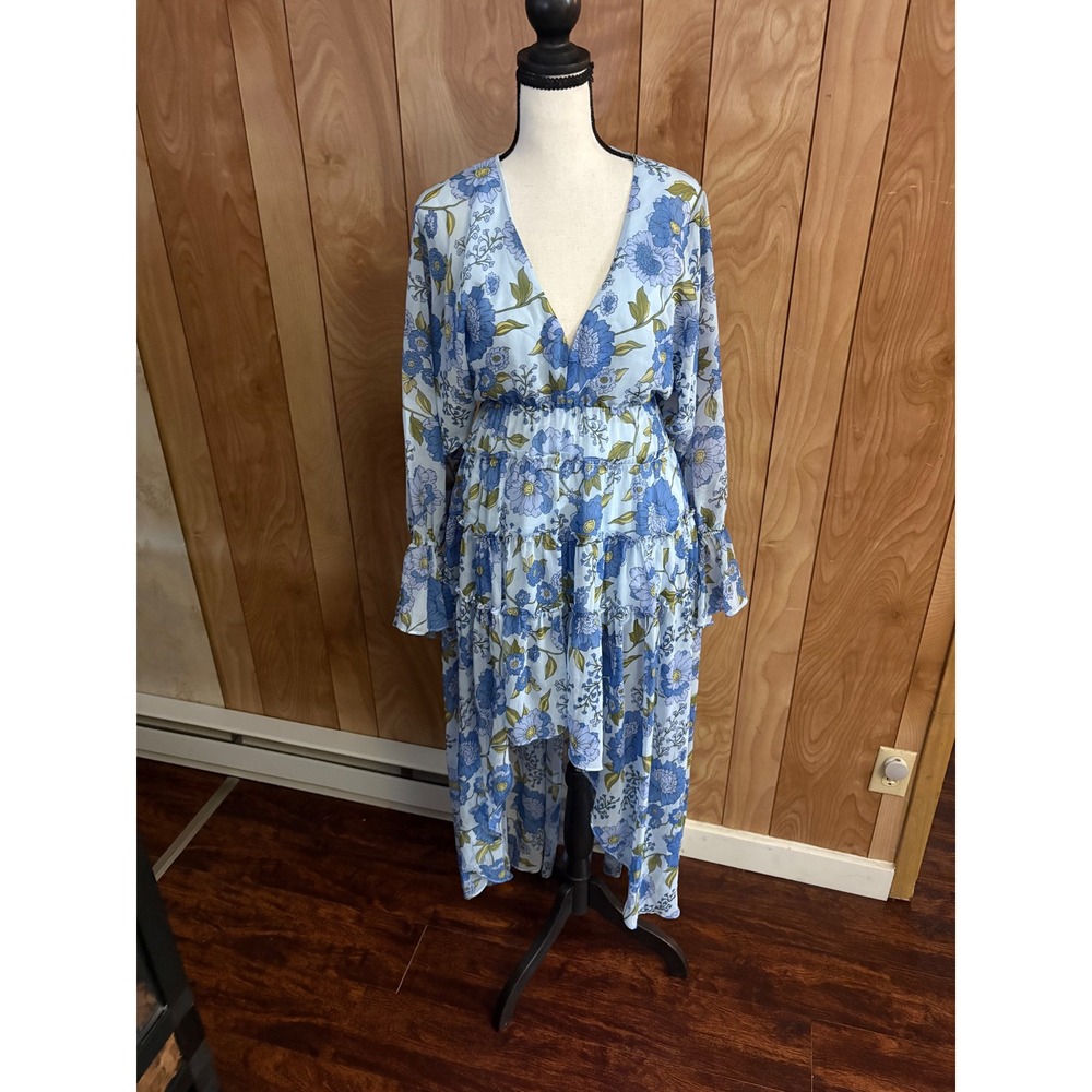 Steve Madden Blue Floral High Low Maxi Dress Long Sleeve V-Neck Fits Size Small